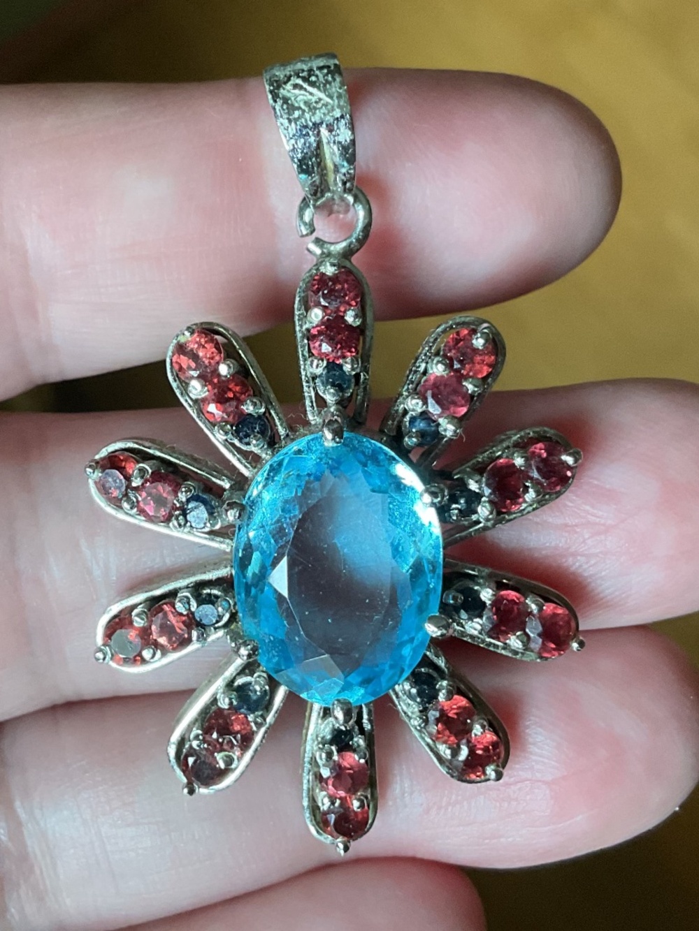 MWOT Sterling Silver 925 Blue Topaz Red Garnet Large Pendant